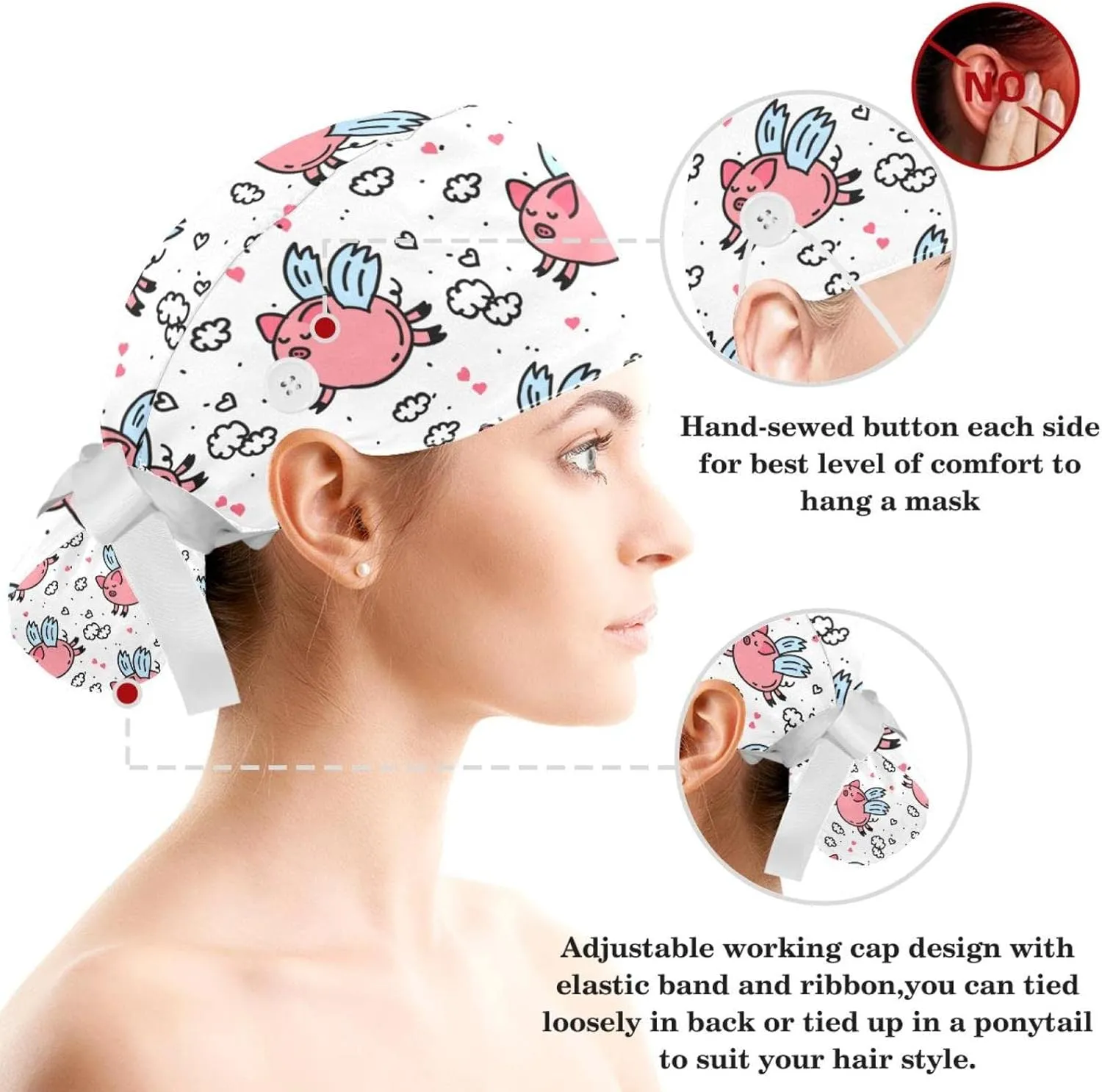 Women's Working Caps Bouffant Surgical Cap with Bow Scrunchies Pink Strawberry Pattern Ponytail Holder Tie Back Scrub Hat