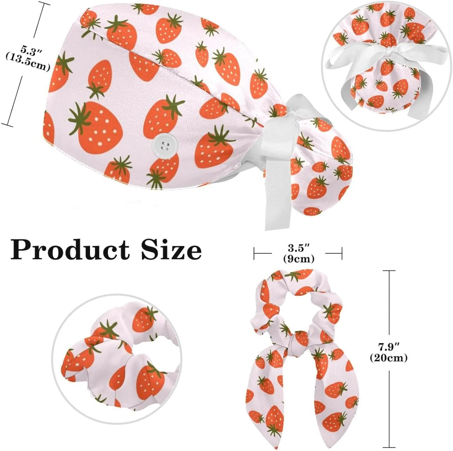 Women's Working Caps Bouffant Surgical Cap with Bow Scrunchies Pink Strawberry Pattern Ponytail Holder Tie Back Scrub Hat