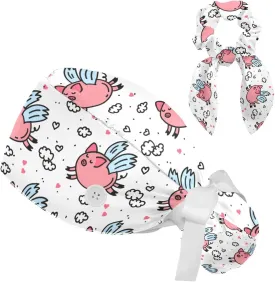 Women's Working Caps Bouffant Surgical Cap with Bow Scrunchies Pink Strawberry Pattern Ponytail Holder Tie Back Scrub Hat