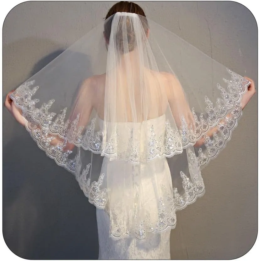 Yalice Sequins Bride Wedding Veil Short Fingertip Length Two-Tier/2T Lace Bridal Veils Glitter Soft Tulle Veils with Comb