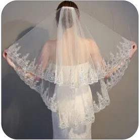 Yalice Sequins Bride Wedding Veil Short Fingertip Length Two-Tier/2T Lace Bridal Veils Glitter Soft Tulle Veils with Comb