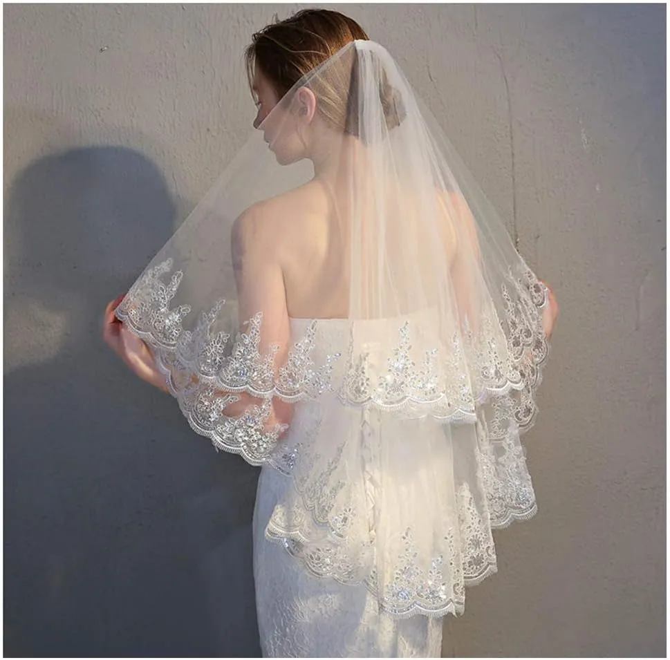 Yalice Sequins Bride Wedding Veil Short Fingertip Length Two-Tier/2T Lace Bridal Veils Glitter Soft Tulle Veils with Comb