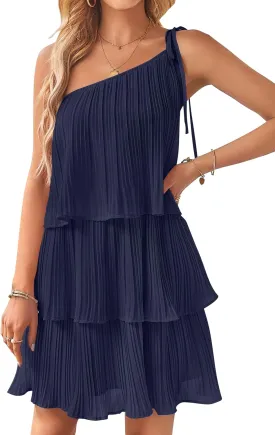 ZESICA Women's Boho Summer One Shoulder Sleeveless Ruffle Tiered Layered Chiffon Pleated A Line Flowy Mini Dress